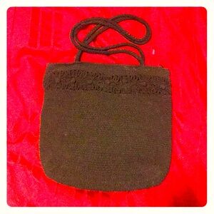 Knit black crochet bag lined 2 handles cotton 10x10" purse excellent condition